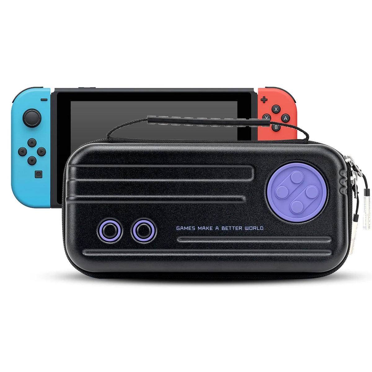Nintendo Switch storage clutch case in grey, showing size and portable handbag design.