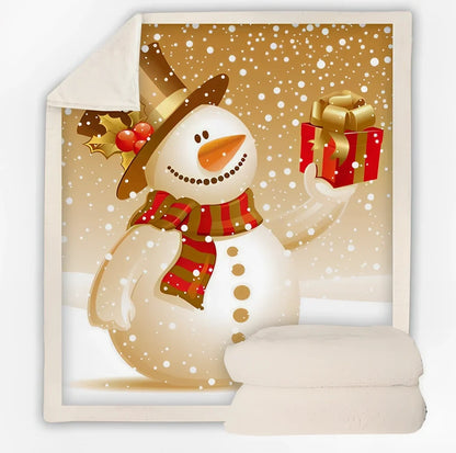 Christmas pattern coral fleece blanket on sofa showing HD printing detail and modern minimalist design