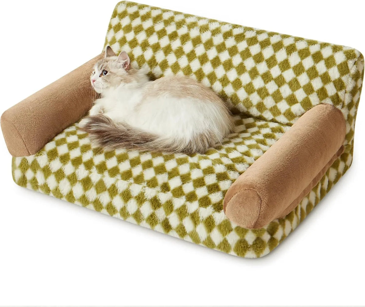Checkered pattern pet couch bed for small cat or dog with removable washable cover