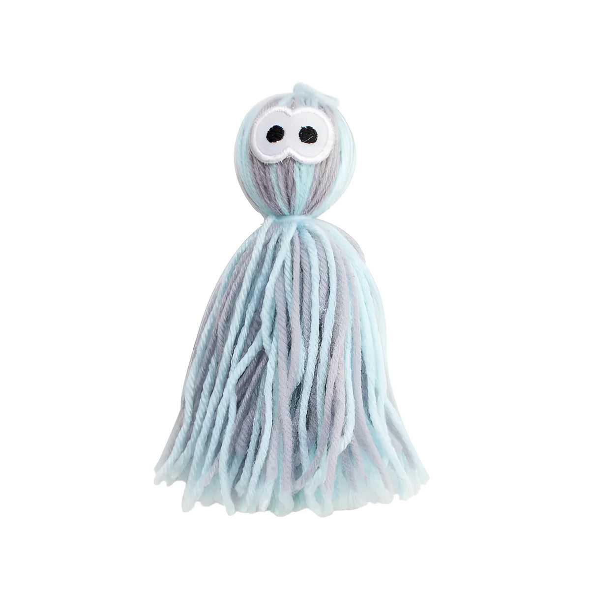 Felted natural wool cat toy ball in blue-grey colours, shown next to a measuring tape indicating 10cm width.
