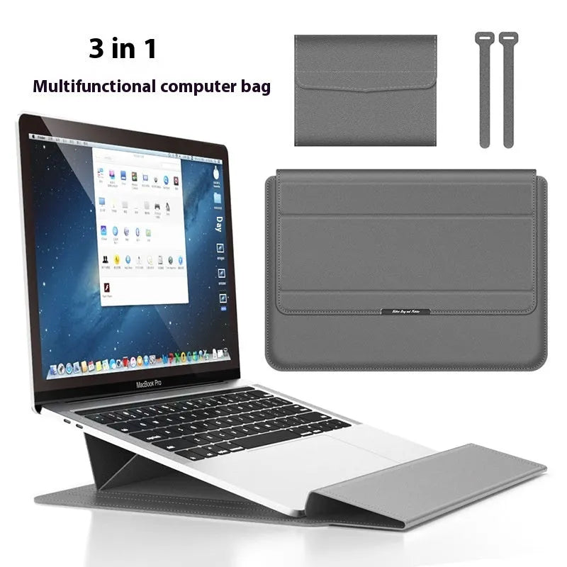 Three-in-one laptop bag in faux leather and plush, shown in black, dark blue, rose gold, grey, dark green, red or camel.