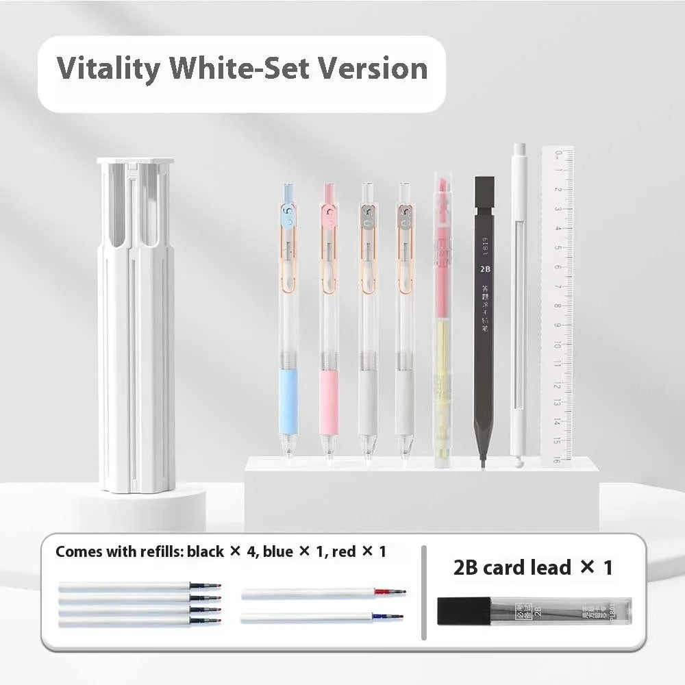 Portable pressing pen pencil box kit with plastic case containing pens in vigorous white, sky blue, or girl pink colour