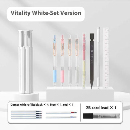 Portable pressing pen pencil box kit with plastic case containing pens in vigorous white, sky blue, or girl pink colour