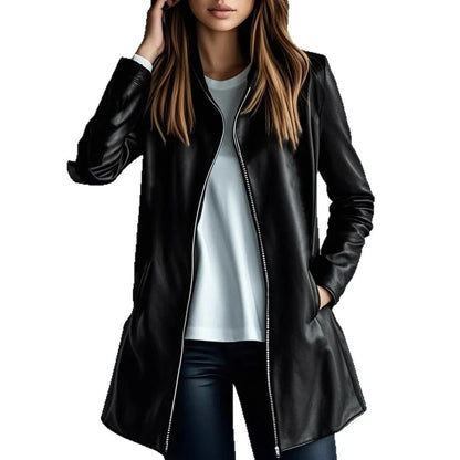 Women's black leather-look polyester jacket with long sleeves and medium length