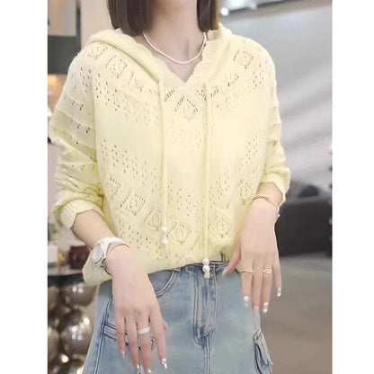 Women's white crochet hollow hooded longsuit undershirt with regular long sleeves and loose fit