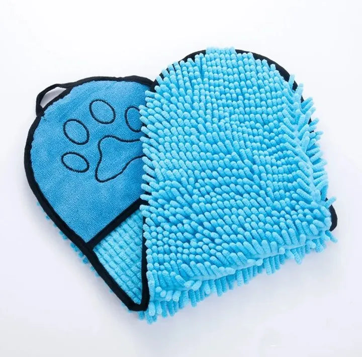 Blue dog bath robe towel laid flat, showing its 62cm by 23cm size and soft texture.