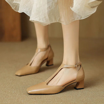 Wine red sheepskin leather high-heel shoes with square toe, chunky heel, and buckle fastening.