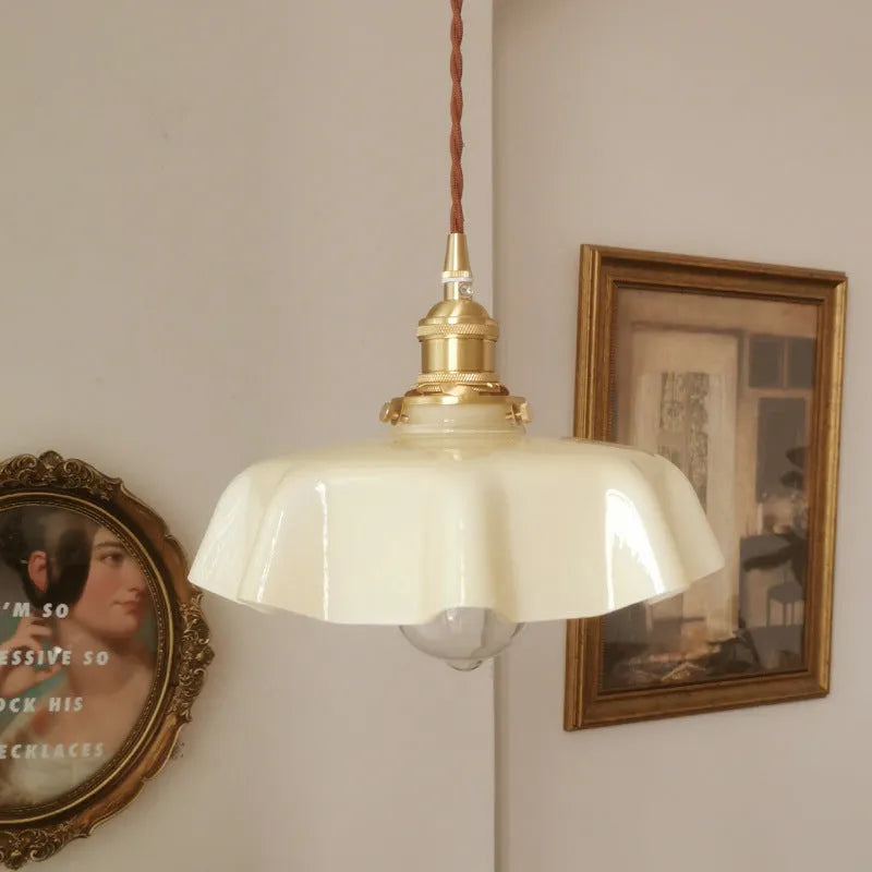 Medieval French brass flower bud chandelier with glass body and adjustable hanging chain