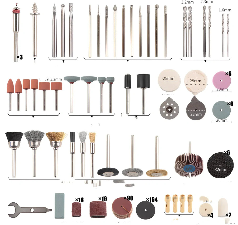 365-piece electric grinder accessory set with cutting discs, grinding wheels, and mounting components