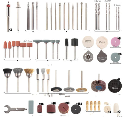 365-piece electric grinder accessory set with cutting discs, grinding wheels, and mounting components