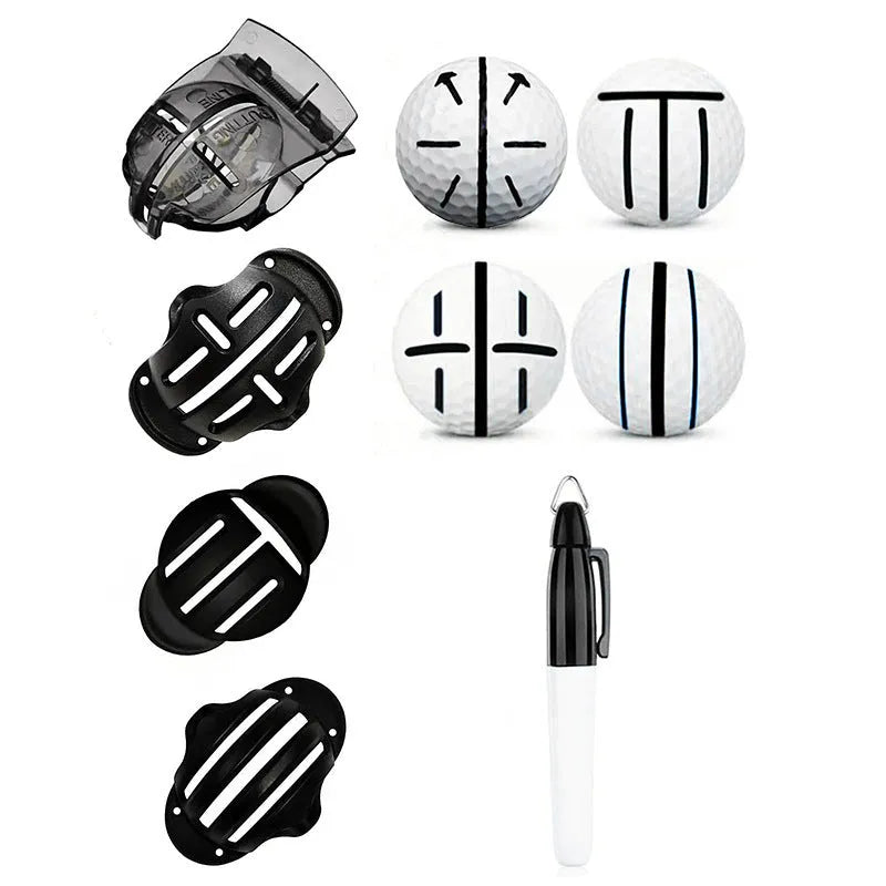Outdoor golf scriber putter alignment tool with 4 scribers and 4 drawing pens on a green