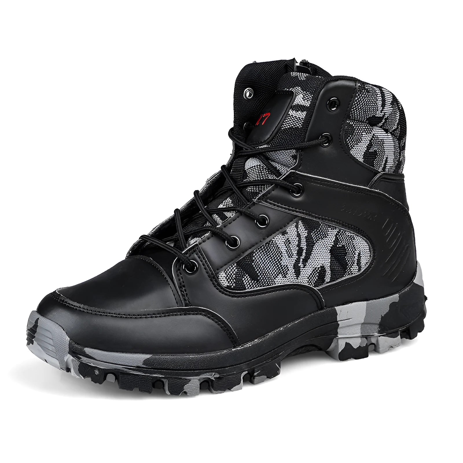 Men's black and camouflage high-top hiking shoes with metal details on artificial PU upper.