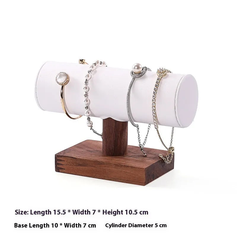 Walnut antique I-shaped wooden bracelet display stand with choice of velvet, leather or grey cylinder bases