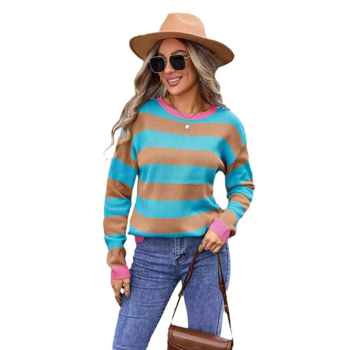 Women's loose blue striped acrylic sweater with long sleeves and round neck.