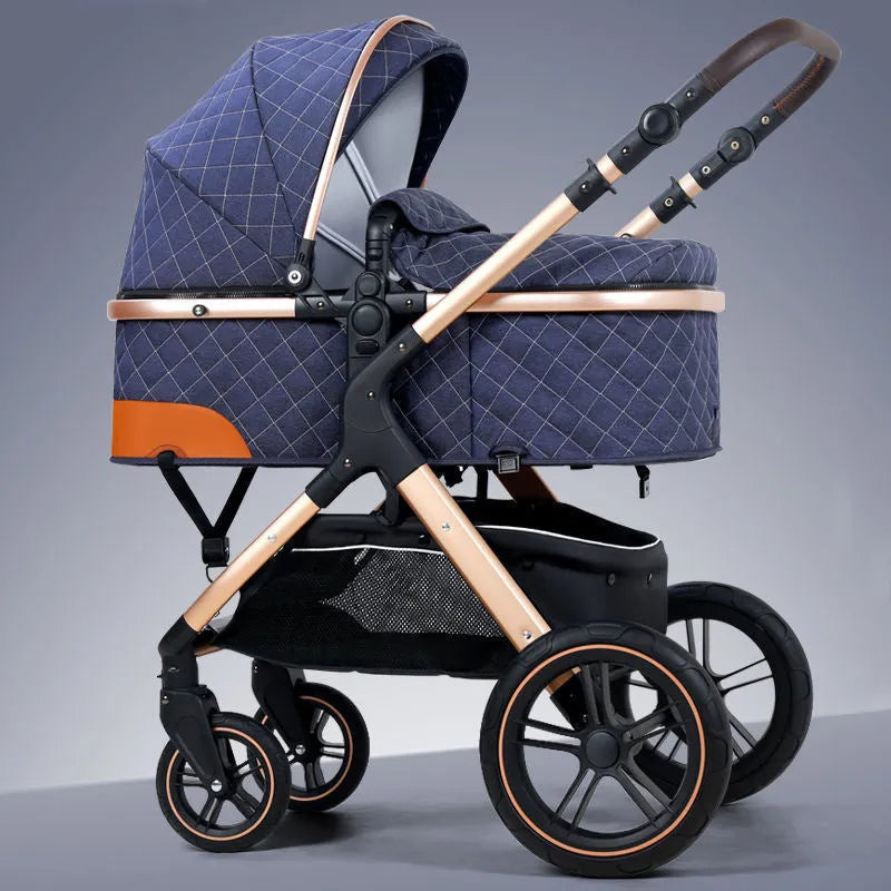 Lightweight folding multi-function baby cart with iron pipe frame, high landscape seat, 15kg load, in khaki or grey