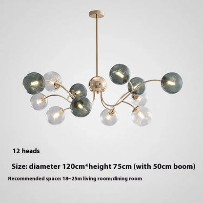Modern Nordic-style chandelier with multiple green glass shades hanging at different heights.