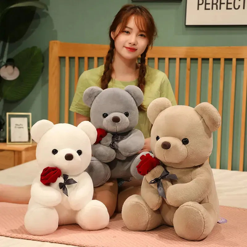 Rose bear plush stuffed animal pillow in beige, brown, or grey colours with soft short plush material