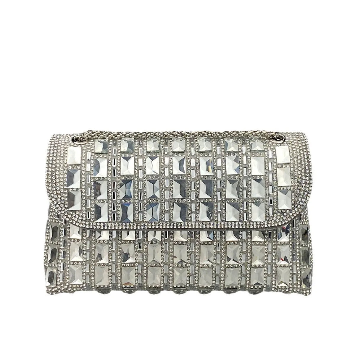 Silver rhinestone-decorated PU leather clutch bag with a metal chain strap, shown open to reveal interior phone pocket.