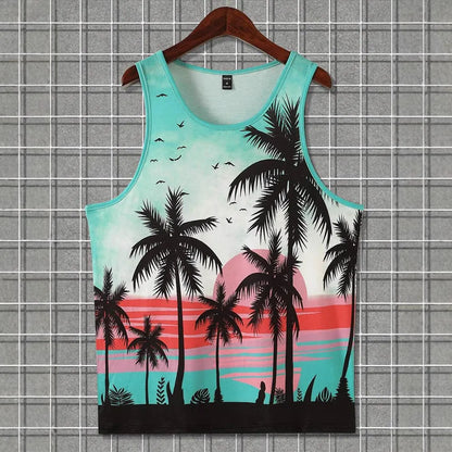 Men's 3D printed sleeveless vest in solid colour Hawaiian style