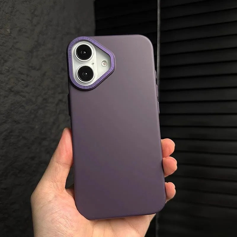 Ultra-thin frosted phone case with metal buttons and large metal hole in black for iPhone 14