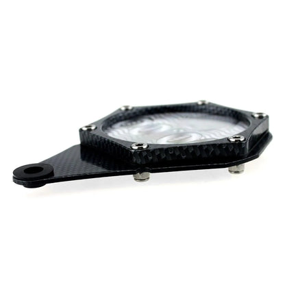 Black motorcycle tax disc holder with carbon fibre pattern and six-corner security screw