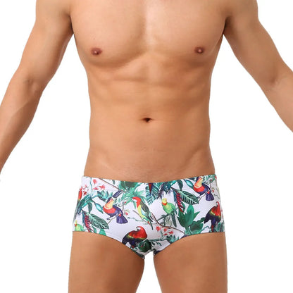 Men's flower-bird print nylon swimming trunks with cup cover in boxer brief style