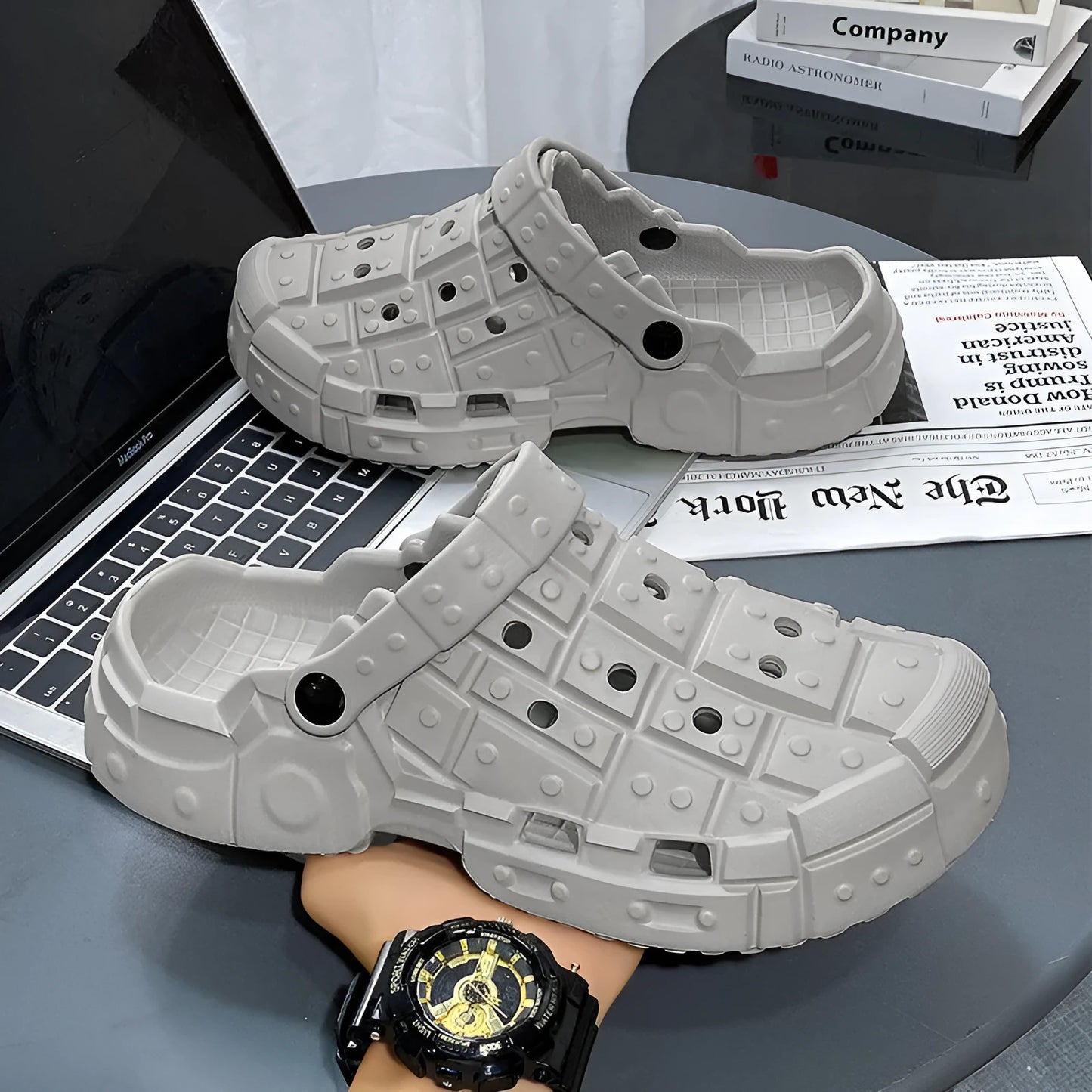 Men's sand-coloured EVA slippers with thick sole, hole design, and toe holder.