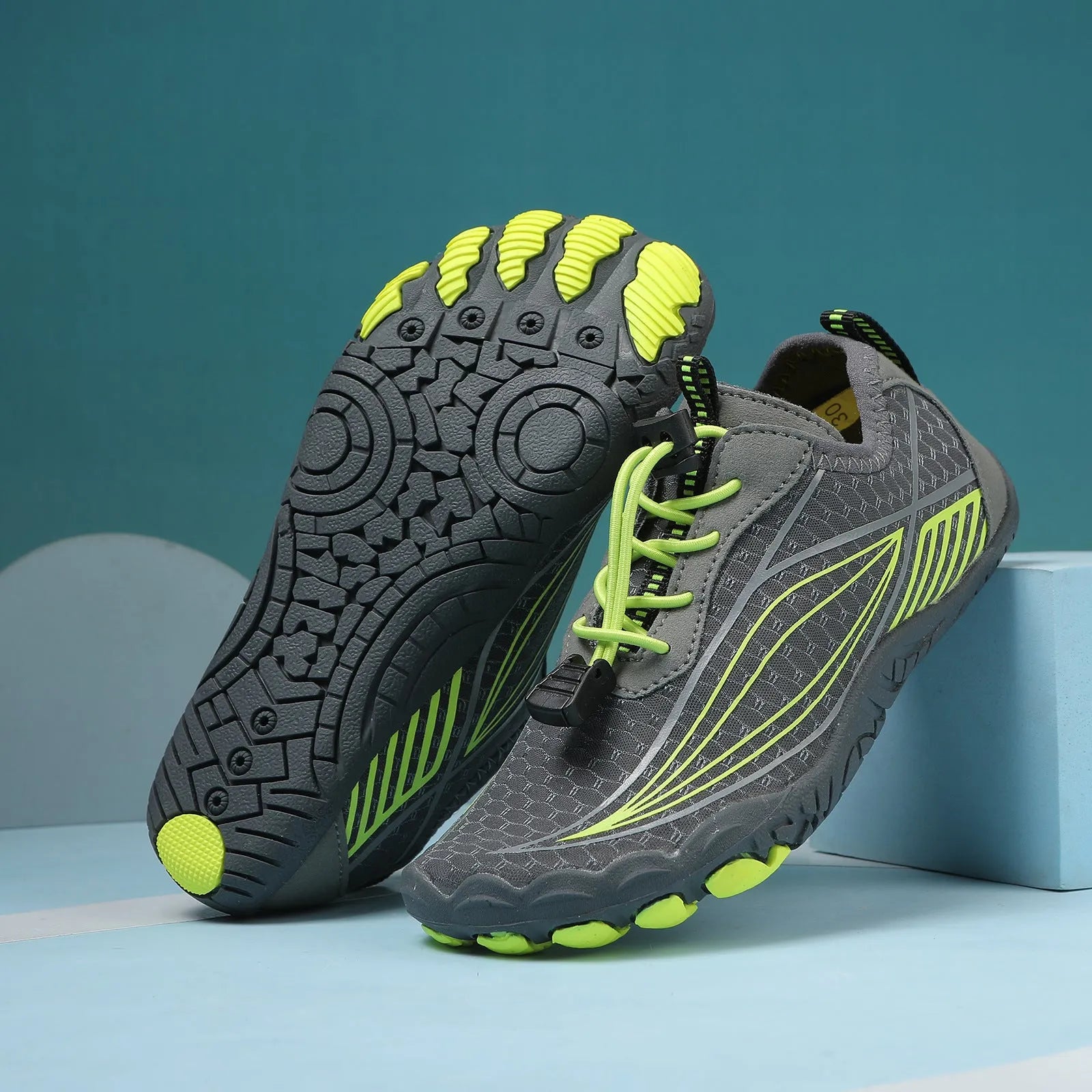 Children's wading swimming shoes with non-slip rubber sole in black, grey, pink, and blue colour options