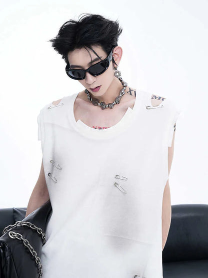 Men's black sleeveless t-shirt waistcoat vest with irregular ripped cutting detail and round neck collar
