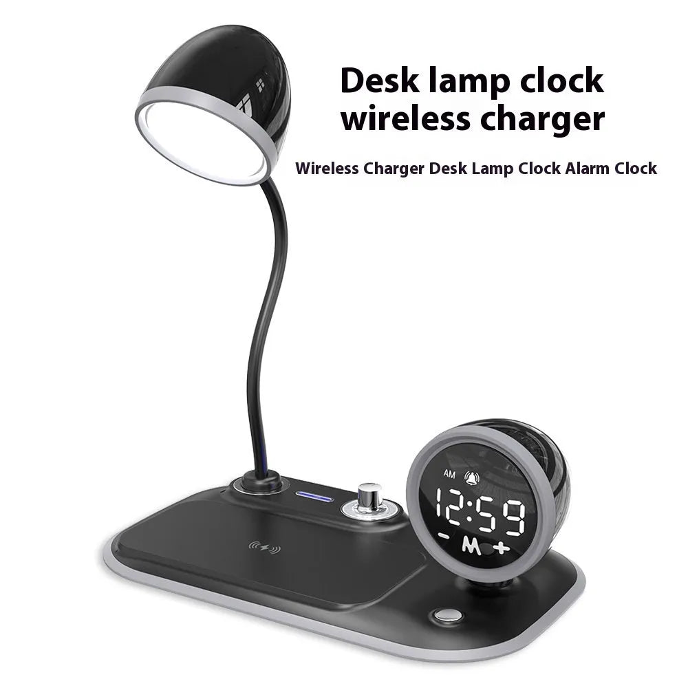 Three-in-one desk lamp with digital clock display, wireless charging pad, and adjustable lighting in black or white finish