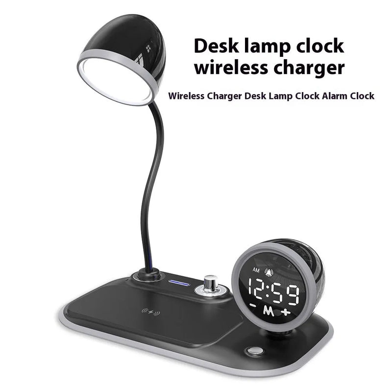 Three-in-one Clock Wireless Charger Desktop Eye Protection Desk Lamp in ABS composite material with 49 white light beads, Type-C interface, 15W max output power, available in black or white, includes USB charging cable