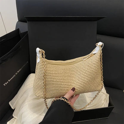 Straw woven beach tote bag with sandwich pockets and mobile phone compartment in khaki colour