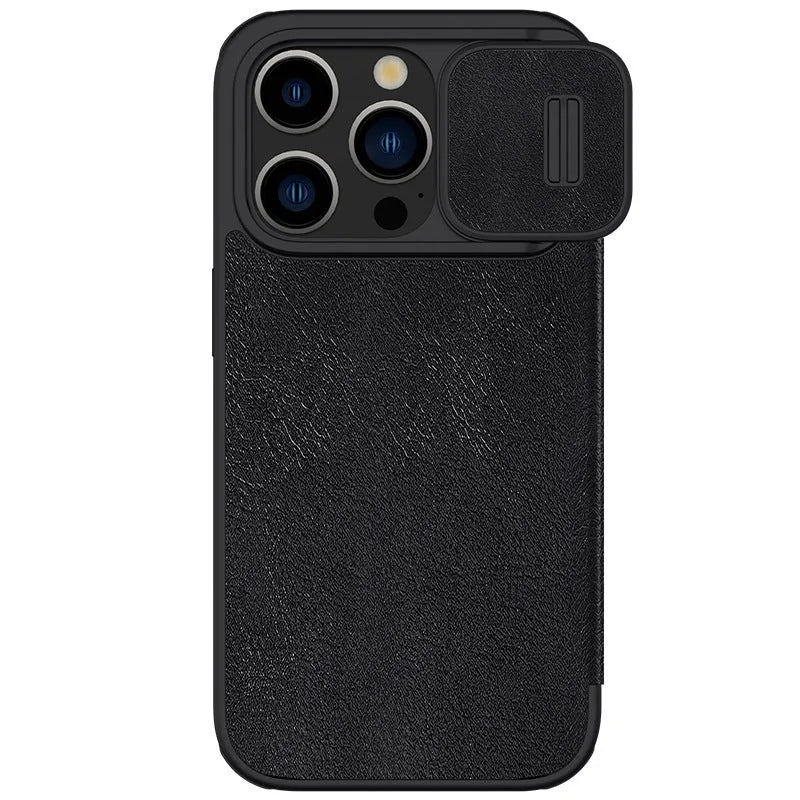 Imitation leather flip phone case for iPhone, shown in black, brown, and red colours.