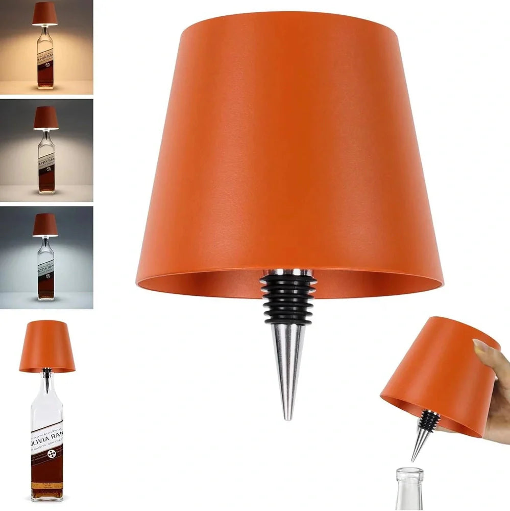 White and black LED wine bottle table lamps with USB charging and dimmable lighting on wooden surface