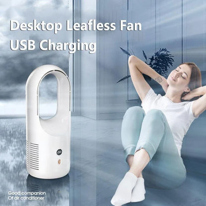 Ultra-quiet bladeless fan with adjustable settings, 360-degree air circulation, and rechargeable battery for desk or home use