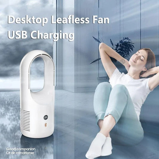 Ultra-quiet bladeless fan with adjustable settings, 360-degree air circulation, and rechargeable battery for desk or home use