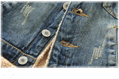 Children's denim jacket with faux fur collar, plus velvet lining, square collar, denim blue, Korean style, sizes 90-140cm