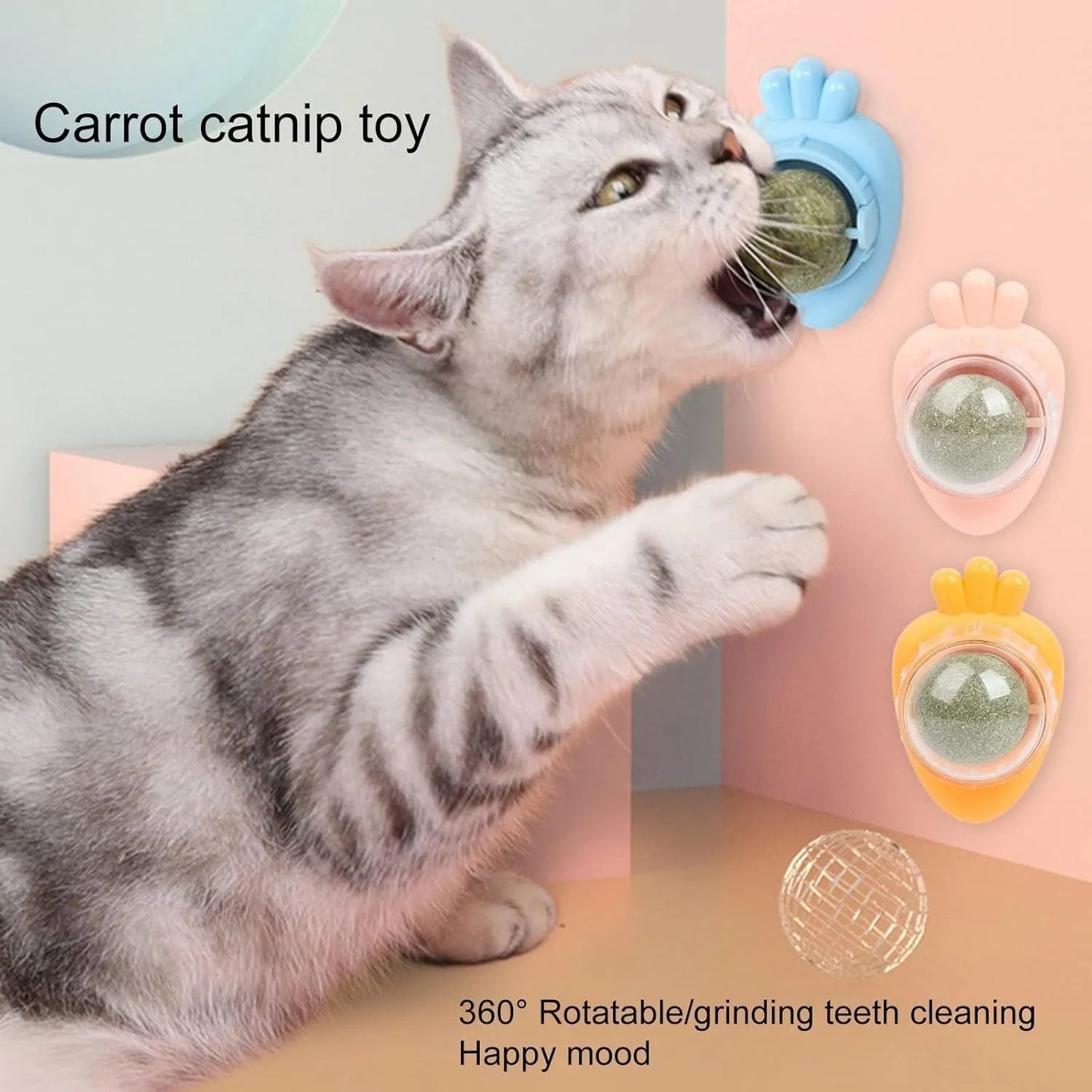 Four blue carrot-shaped catnip balls with adhesive backs and clear covers on a white wall