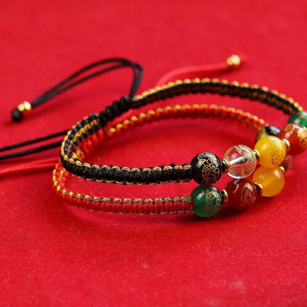 Hand-woven Five Gods of Wealth agate bracelet with geometric stone and red or black braided cord