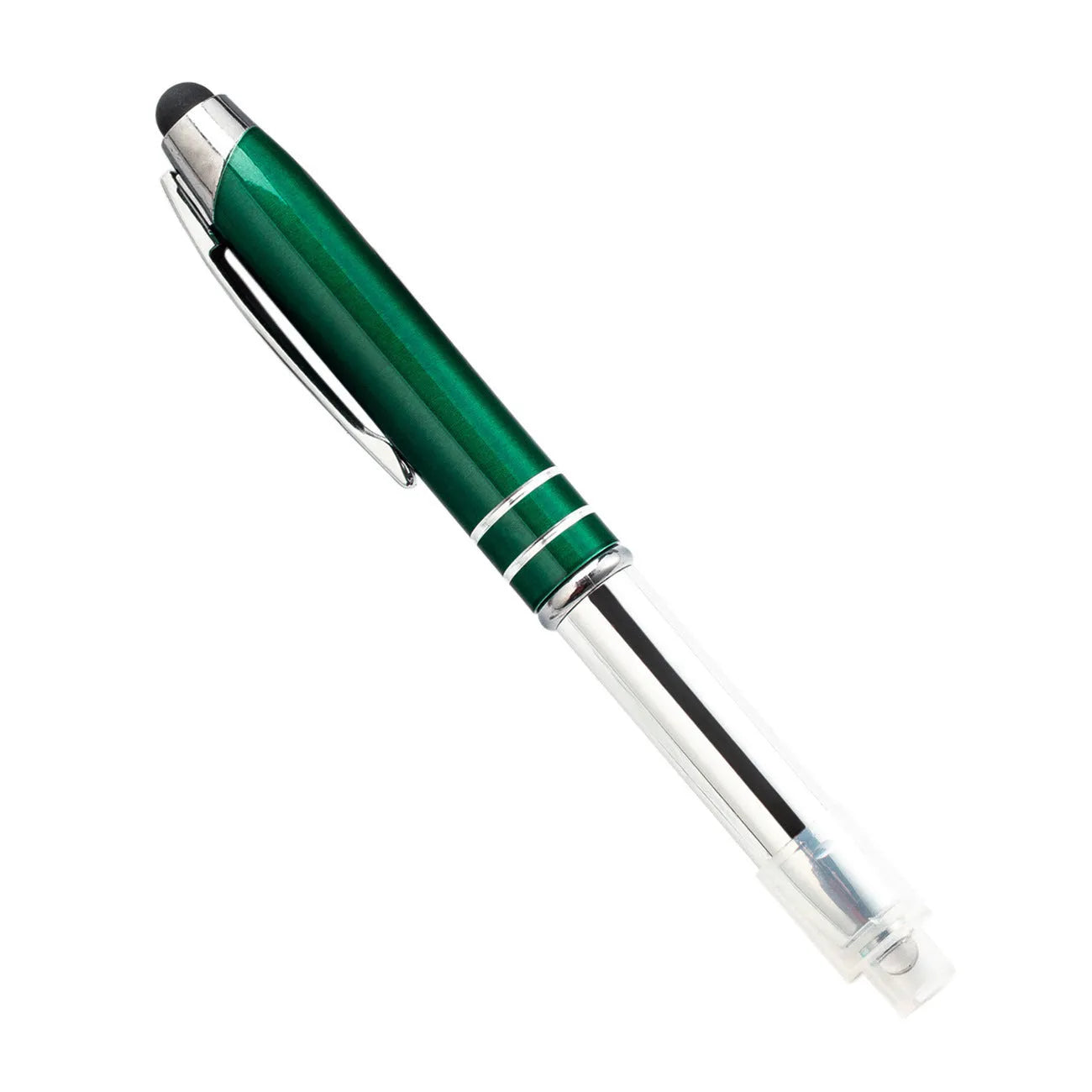Red metal multifunctional stylus ballpoint pen with LED light on a desk.