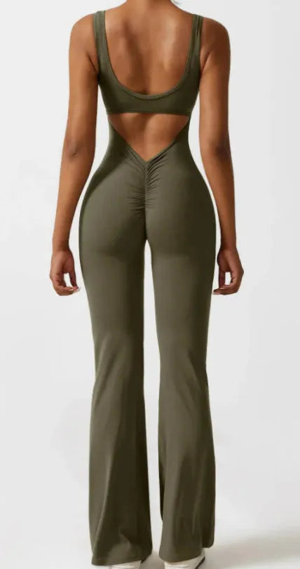 Women's tight Milk Silk yoga bodysuit in seamless hollow design with chest pad, shown in a trousers-length mid-waist fit.