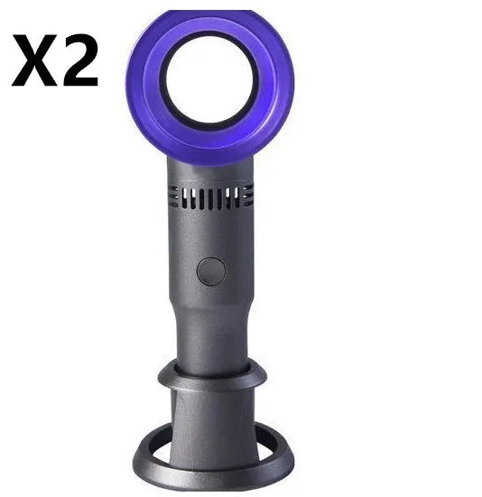 Portable bladeless fan with USB cable and base, showing compact design and bladeless airflow