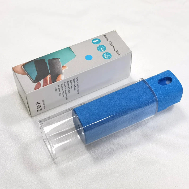 All-in-one screen cleaner with integrated spray bottle and microfiber wipe for cleaning smartphones, tablets, laptops, and other electronic devices