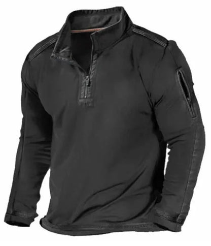 Men's zip-front sweater with stand collar in polyester fibre, showing full-length zip and long sleeves