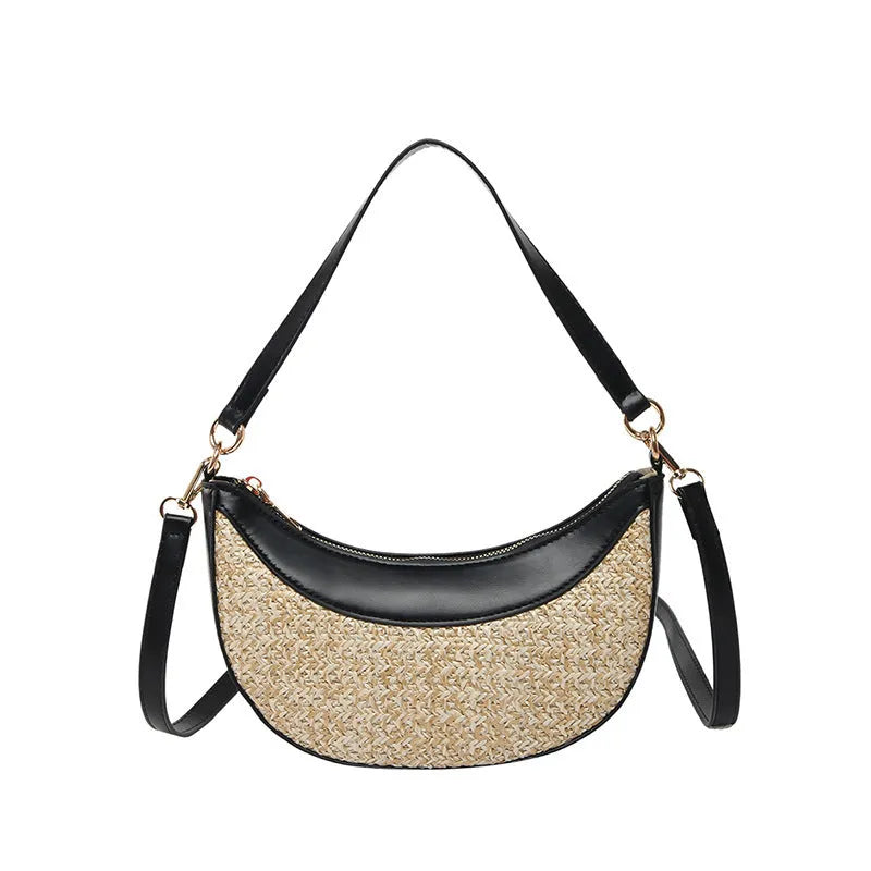 Women's straw crossbody dumpling bag in dumpling shape with contrast stitching details