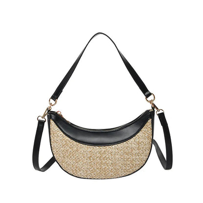 Women's straw crossbody dumpling bag in dumpling shape with contrast stitching details