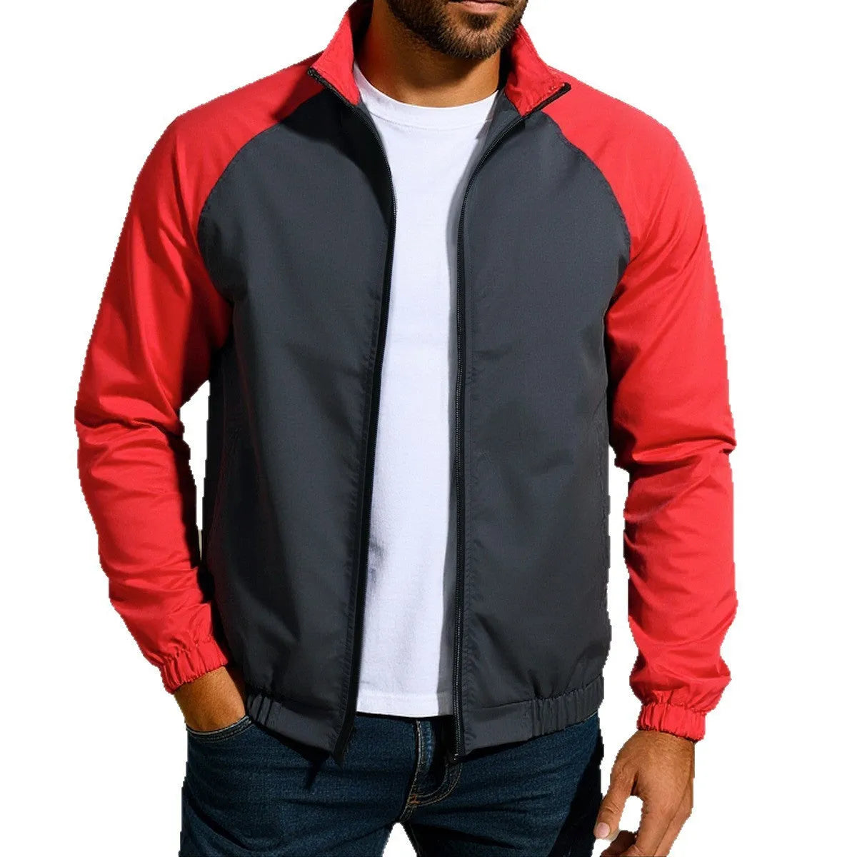 Man wearing a green loose-fit casual jacket with a stand collar and raglan long sleeves.