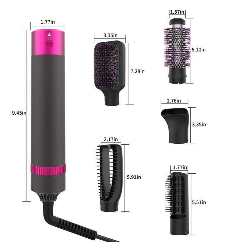 Professional 5-in-1 Hair Dryer Brush in Dyson Grey with multiple brush attachments