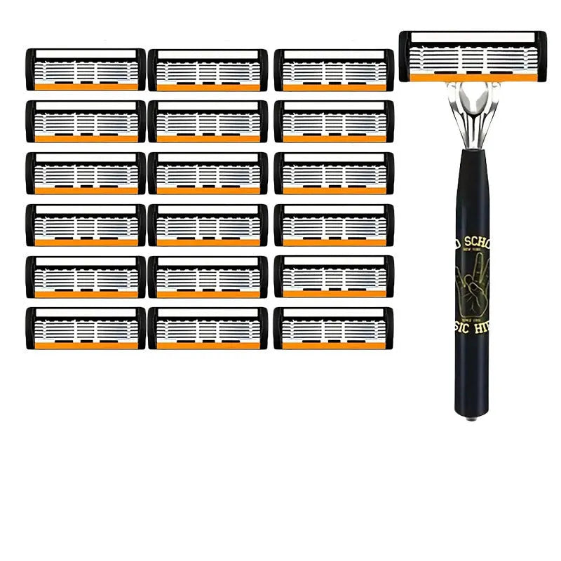 Black manual shaver finger handle with six-layer blade design showing multiple blade configurations
