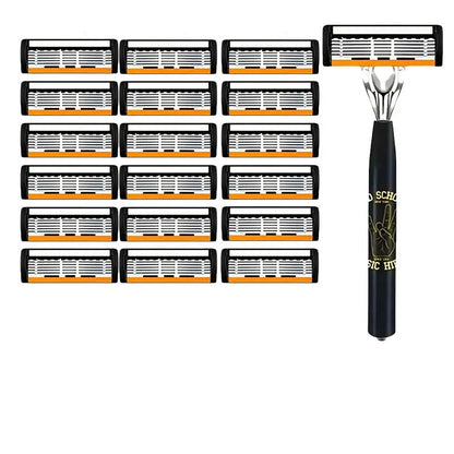 Black manual shaver finger handle with six-layer blade design showing multiple blade configurations
